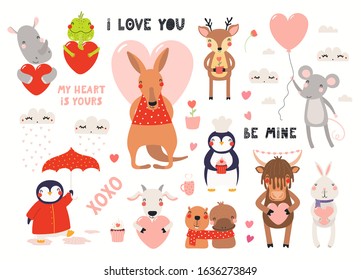 Big Valentines day set with cute animals, hearts, quotes. Isolated objects on white background. Hand drawn vector illustration. Scandinavian style flat design. Concept for children holiday print.