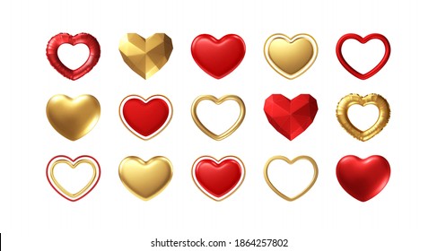 Big Valentines Day Set of different realistic gold, red hearts isolated on white background. Happy Valentines Day elements for design poster, postcard, flyer. Vector illustration EPS10