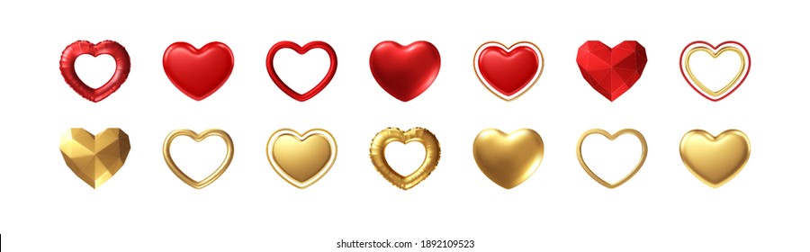 Big Valentines Day Set of different realistic gold, red hearts isolated on white background. Happy Valentines Day elements for design poster, postcard, flyer. Vector illustration EPS10