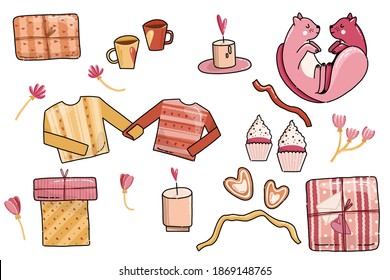 Big Valentine's day vector set. 20 elements. Colorful illustration. Couple objects collection. Cats, sweater, cups, candles and gift boxes