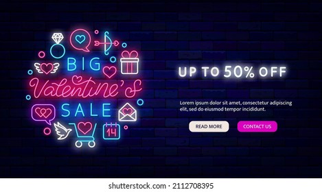 Big Valentines Sale neon landing page with circle emblem. Discount promotion. Website template for holiday sale. Outer glowing effect flyer. Luminous label. Isolated vector illustration
