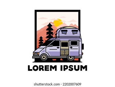 Big van camper with roof box tent illustration badge design