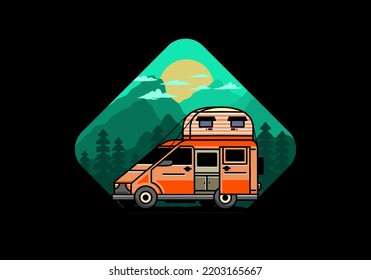 Big van camper with roof box tent illustration badge design