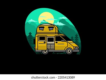 Big van camper with roof box tent illustration badge design