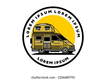 Big van camper with roof box tent illustration badge design