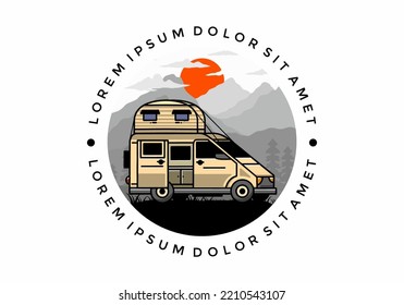Big van camper with roof box tent illustration badge design