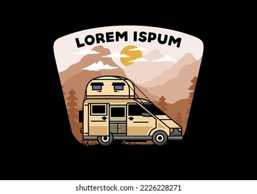 Big van camper with roof box tent illustration badge design