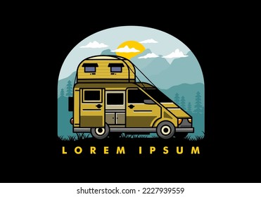 Big van camper with roof box tent illustration badge design