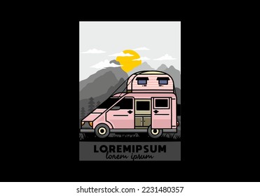 Big van camper with roof box tent illustration badge design