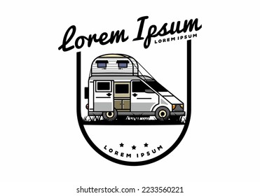 Big van camper with roof box tent illustration badge design