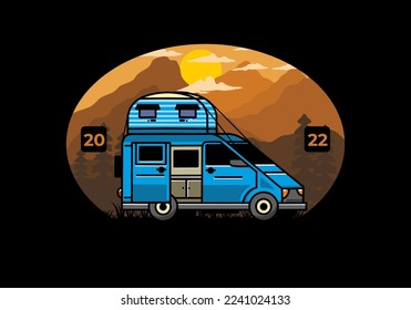 Big van camper with roof box tent illustration badge design