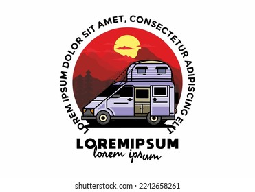 Big van camper with roof box tent illustration badge design