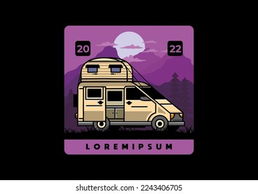 Big van camper with roof box tent illustration badge design