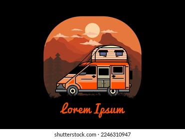 Big van camper with roof box tent illustration badge design