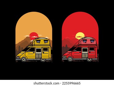 Big van camper with roof box tent illustration badge design