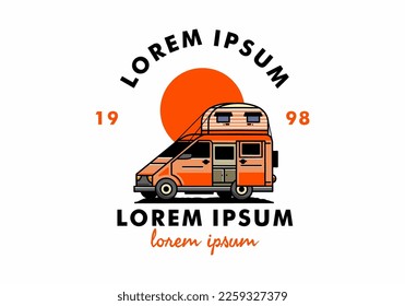 Big van camper with roof box tent illustration badge design