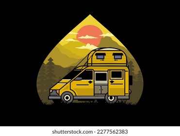 Big van camper with roof box tent illustration badge design