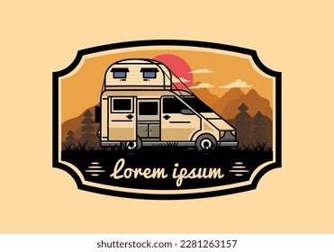 Big van camper with roof box tent illustration badge design