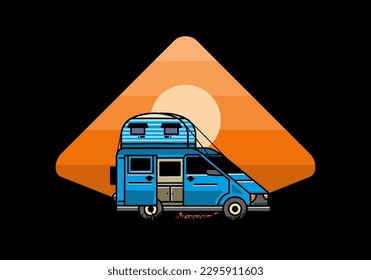 Big van camper with roof box tent illustration badge design