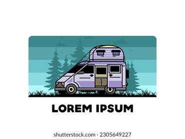 Big van camper with roof box tent illustration badge design