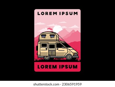 Big van camper with roof box tent illustration badge design