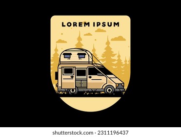 Big van camper with roof box tent illustration badge design