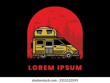 Big van camper with roof box tent illustration badge design