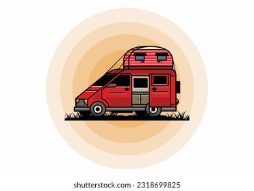 Big van camper with roof box tent illustration badge design