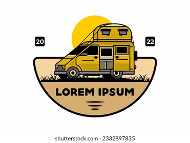 Big van camper with roof box tent illustration badge design