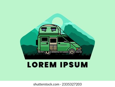 Big van camper with roof box tent illustration badge design