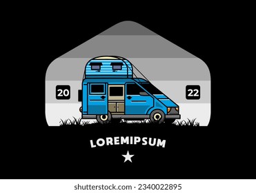 Big van camper with roof box tent illustration badge design