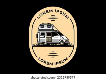 Big van camper with roof box tent illustration badge design