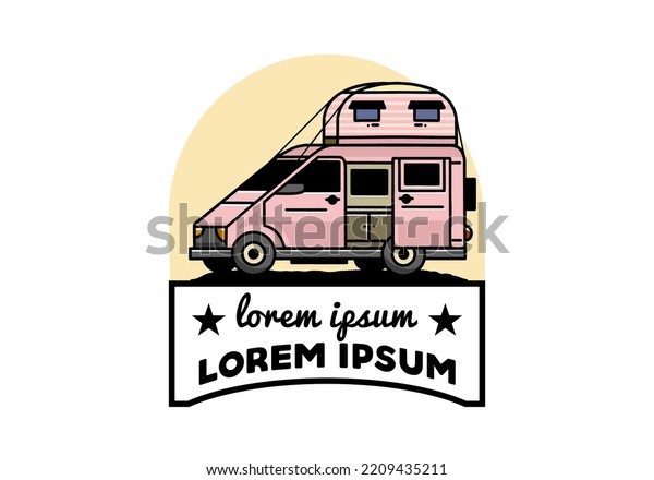 Big van camper with roof box tent illustration\
badge design