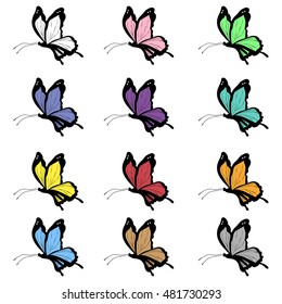 A big variation of beautiful color butterflies. Objects are isolated. Butterflies have different colors, such as white, blue, pink, violet, red, yellow, brown, orange, grey, green.