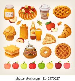 Big variety of apples icons and different kinds of baked food cooked from the fruit. Isolated vector images.