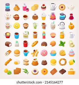 Big variety of colorful foods drinks and desserts from many countries of the world.  Pastry, desserts, fun fair treats, breakfast, lunch snacks tea and coffee.  Set of isolated vector cartoon icons.