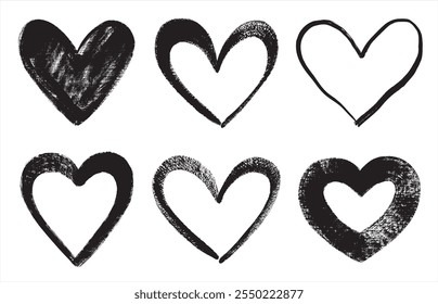 Big various brush drawn bold line linear heart shapes, silhouettes, outlines. Valentine's day painted templates set, hearts collection. Uneven, textured edge. Hand drawn, handwritten design elements.