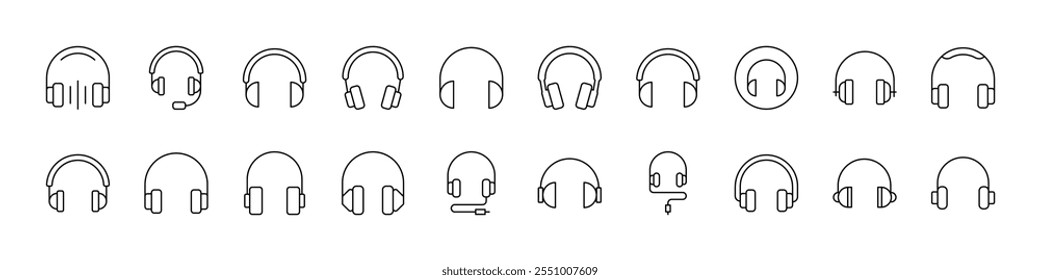 Big Various Kopfhörer Thin Icons Collection. Bearbeitbarer Strich. Geeignet für Webseiten, Bücher, Karten, Apps 