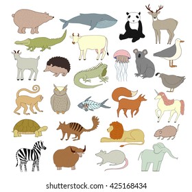 Big vector animal collection isolated on white background. Collection of cute cartoon animals, birds and sea creatures. Alphabet illustration. Hand drawn illustration made in vector.