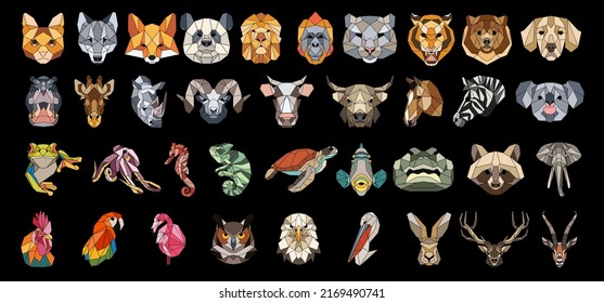 Big vector animal faces set. Abstract mosaic animals, birds and fish portraits. Abstract geometric animals illustrations. Totemic animal faces avatars.