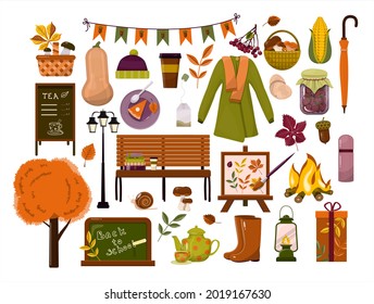 Big vector autumn set. Cartoon cliparts. Template backgrounds with pupmkin pie, hot spiced tea and autumn leaves. Flat design illustration