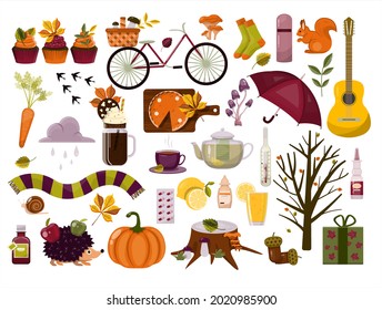 Big vector autumn set. Cartoon cliparts. Template backgrounds with pupmkin pie, hot spiced tea and autumn leaves. Flat design illustration