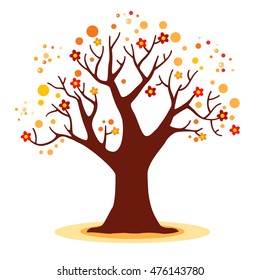 Big vector autumn tree with colorful yellow, orange and red flowers, leaves and spots. Cute child autumn illustration in a cartoon style. Bright cozy on a lawn.