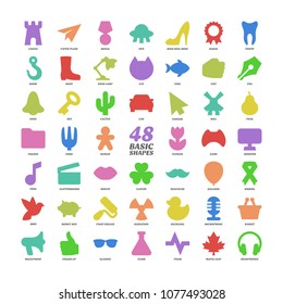 Big vector basic design color icons set with simple sign of paper plane, high heel shoe, desk lamp, money box, paint roller, finger up, maple leaf, fork, human, flower, game controller, monitor, nose.