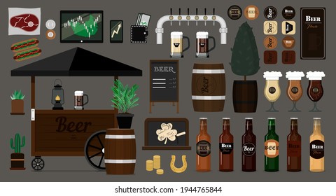 Big vector beer set. Items for the interior and exterior of the bar. Flat vector images of beer cart, glasses with different varieties of light and dark beer. Logos and objects isolated on a gray