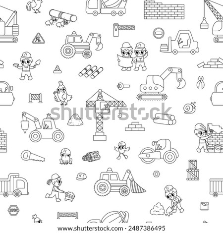 Big vector black and white construction site, road work seamless pattern. Building line repeat background with kid builders, transport, bulldozer, crane. Repair service digital paper
