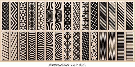 Big vector bundle of 30 templates for laser cut. Trendy design with abstract geometric patterns, modern linear ornaments. Stencils for CNC cutting of wood, paper, metal, plastic. Aspect ratio 1:4