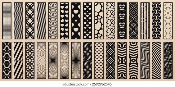 Big vector bundle of 30 templates for laser cut. Trendy design set with abstract geometric patterns, modern different geo ornaments. Stencils for CNC cutting of wood, paper, metal. Aspect ratio 1:4