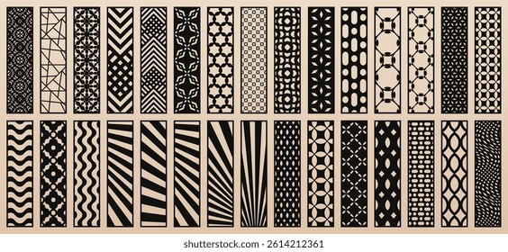 Big vector bundle of 30 templates for laser cut, CNC, plotter. Unique design with abstract geometric patterns, modern ornaments. Stencils for cutting of wood, paper, metal, plastic. Aspect ratio 1:4