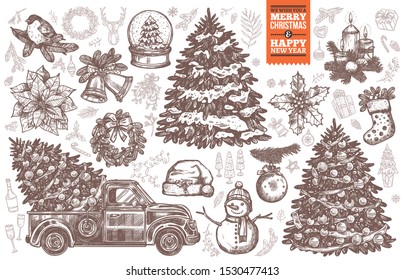 Big vector bundle for Merry Christmas and New Year design cards, posters and templates. Sketch hand drawn christmas tree, retro pickup truck, wreath, festive décor and symbols. Engraved illustration